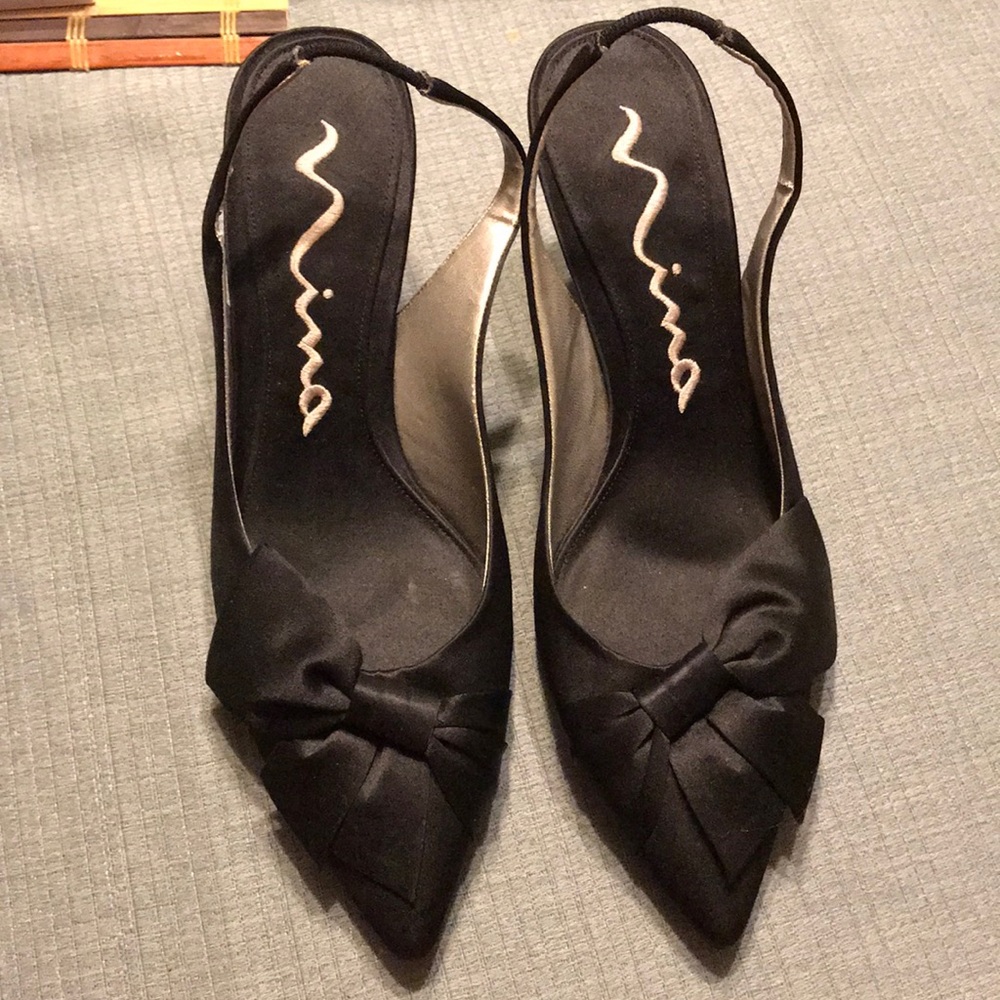 Nina size 7 black satin peep toe sling back pumps